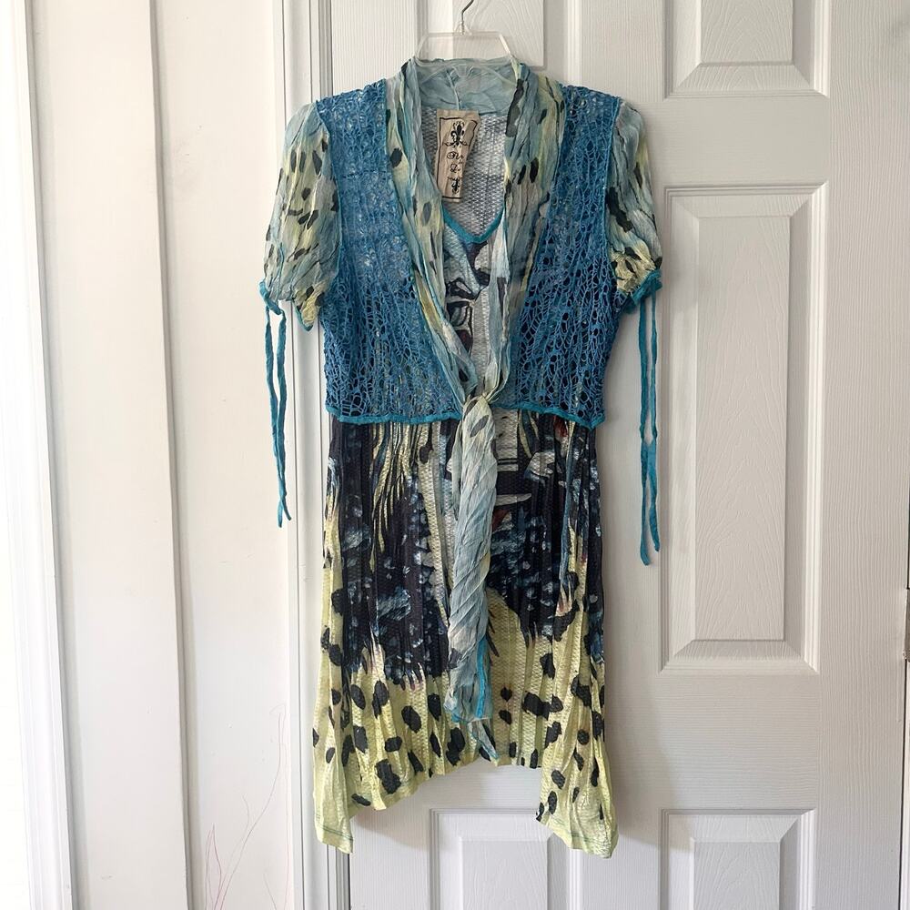 Fleur de Lis Vintage Y2K 2000s Faux Layered Crochet Vest Tunic Colorful Grunge L